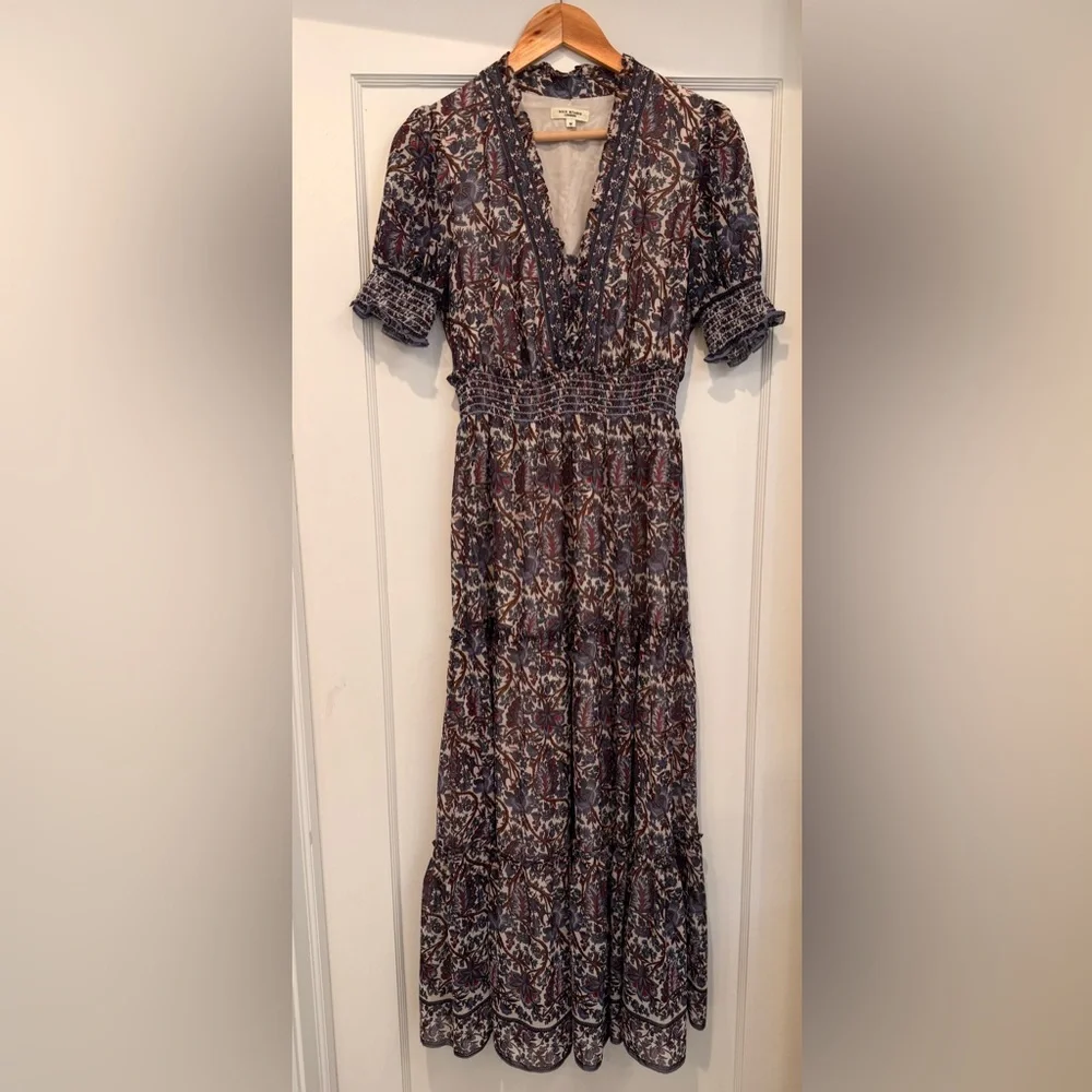 Max Studio Floral Print Maxi Dress in Navy and Burgundy - Picture 1 of 7
